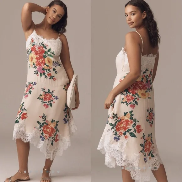 By Anthropologie sleeveless V neck lace slip midi dress